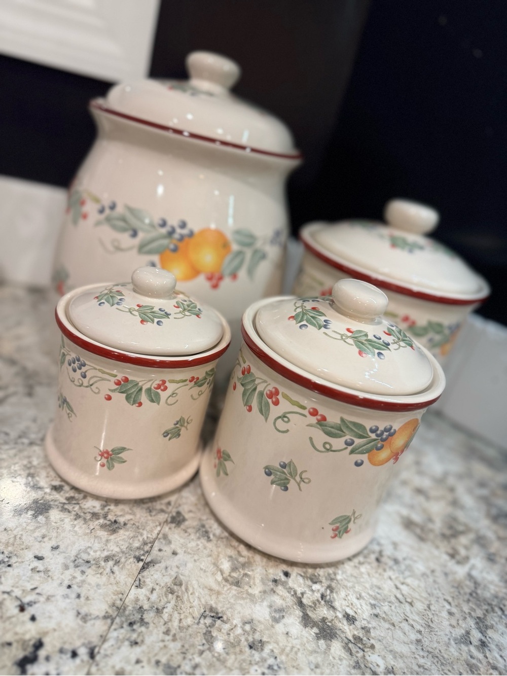 Vintage Corelle Cream and Red Fruit Pattern Ceramic Canister Set “Abundance”